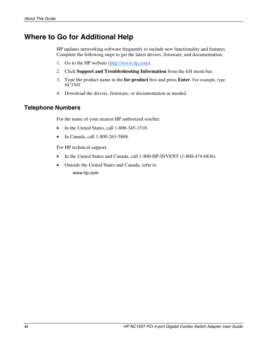 Where to go for additional help, Telephone numbers | HP NC150T PCI 4-port Gigabit Combo Switch Adapter User Manual | Page 6 / 17