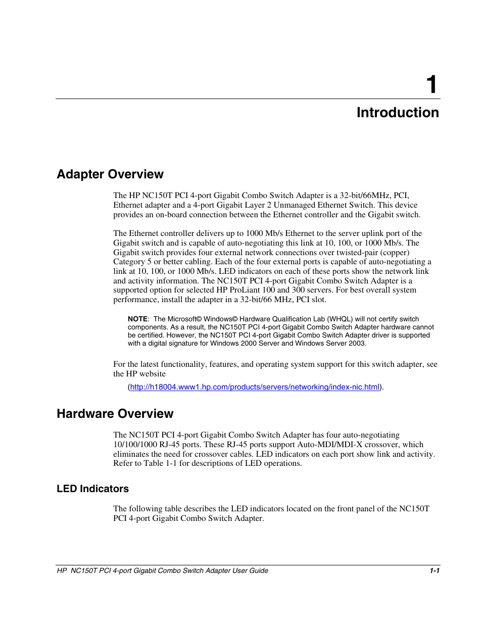 Chapter 1: introduction, Adapter overview, Hardware overview | Led indicators, Chapter 1, Introduction, Adapter overview -1, Hardware overview -1, Led indicators -1 | HP NC150T PCI 4-port Gigabit Combo Switch Adapter User Manual | Page 7 / 17