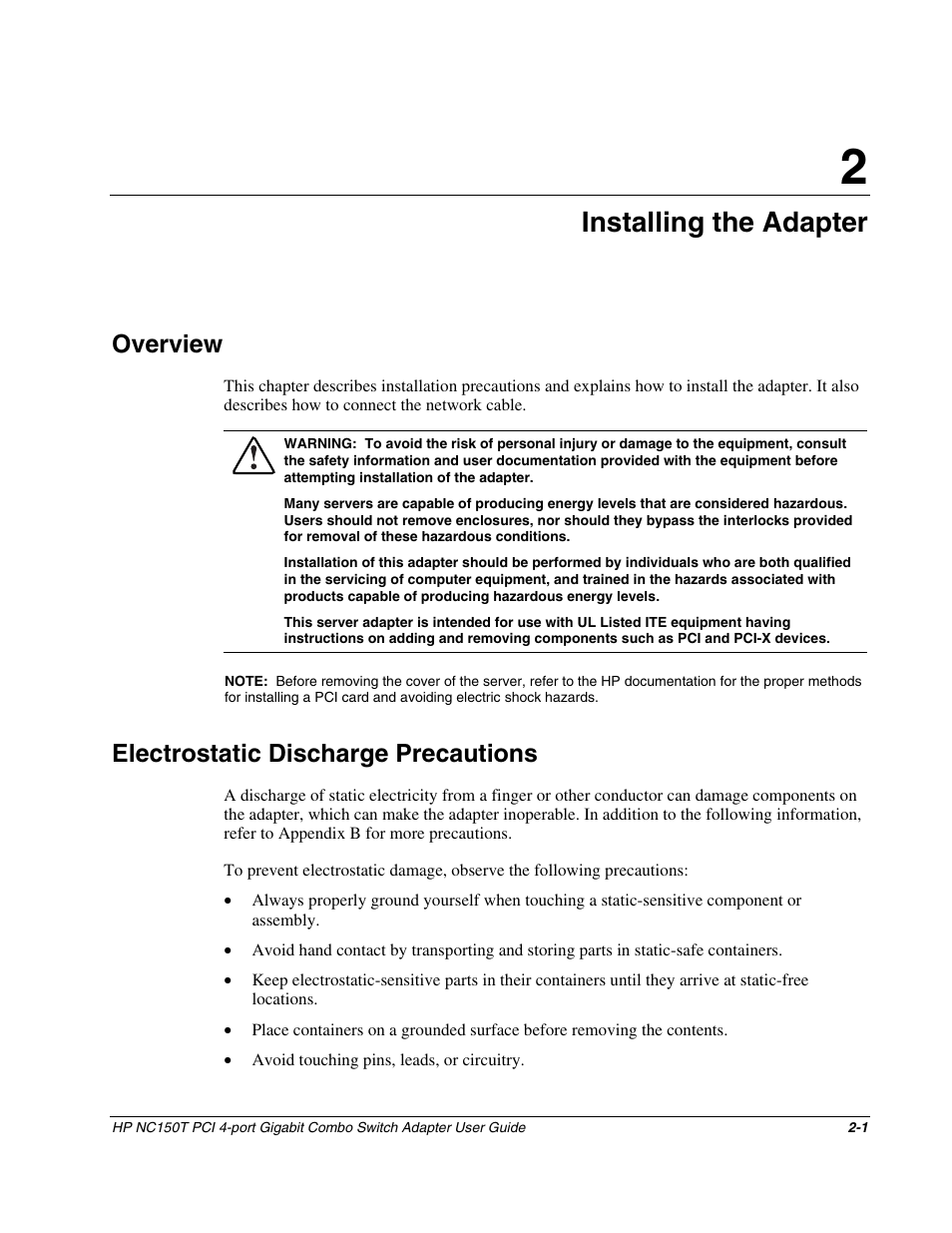 Chapter 2: installing the adapter, Overview, Electrostatic discharge precautions | Chapter 2, Installing the adapter, Overview -1, Electrostatic discharge precautions -1 | HP NC150T PCI 4-port Gigabit Combo Switch Adapter User Manual | Page 9 / 17