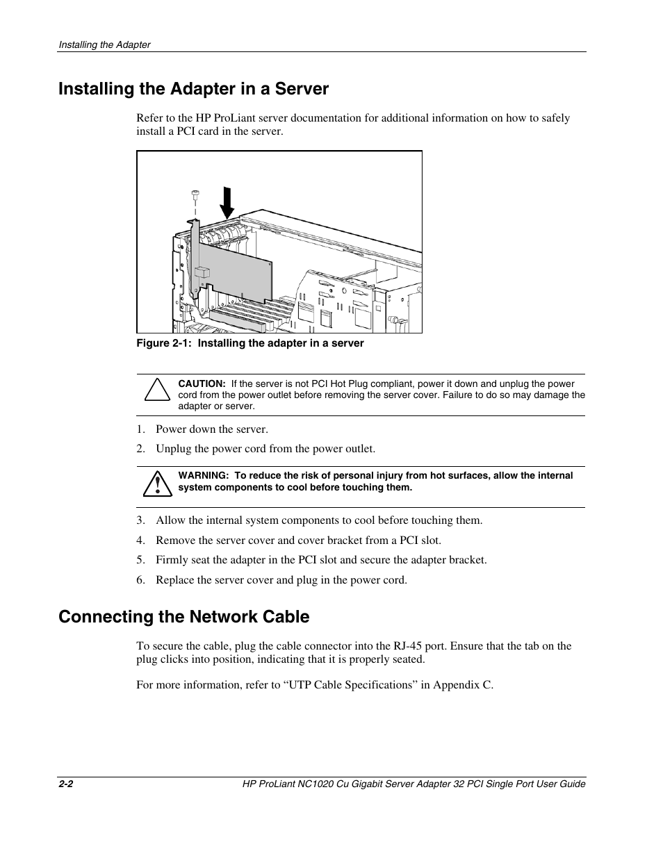 Installing the adapter in a server, Connecting the network cable, Installing the adapter in a server -2 | Connecting the network cable -2 | HP NC1020 Gigabit Server Adapter User Manual | Page 10 / 20