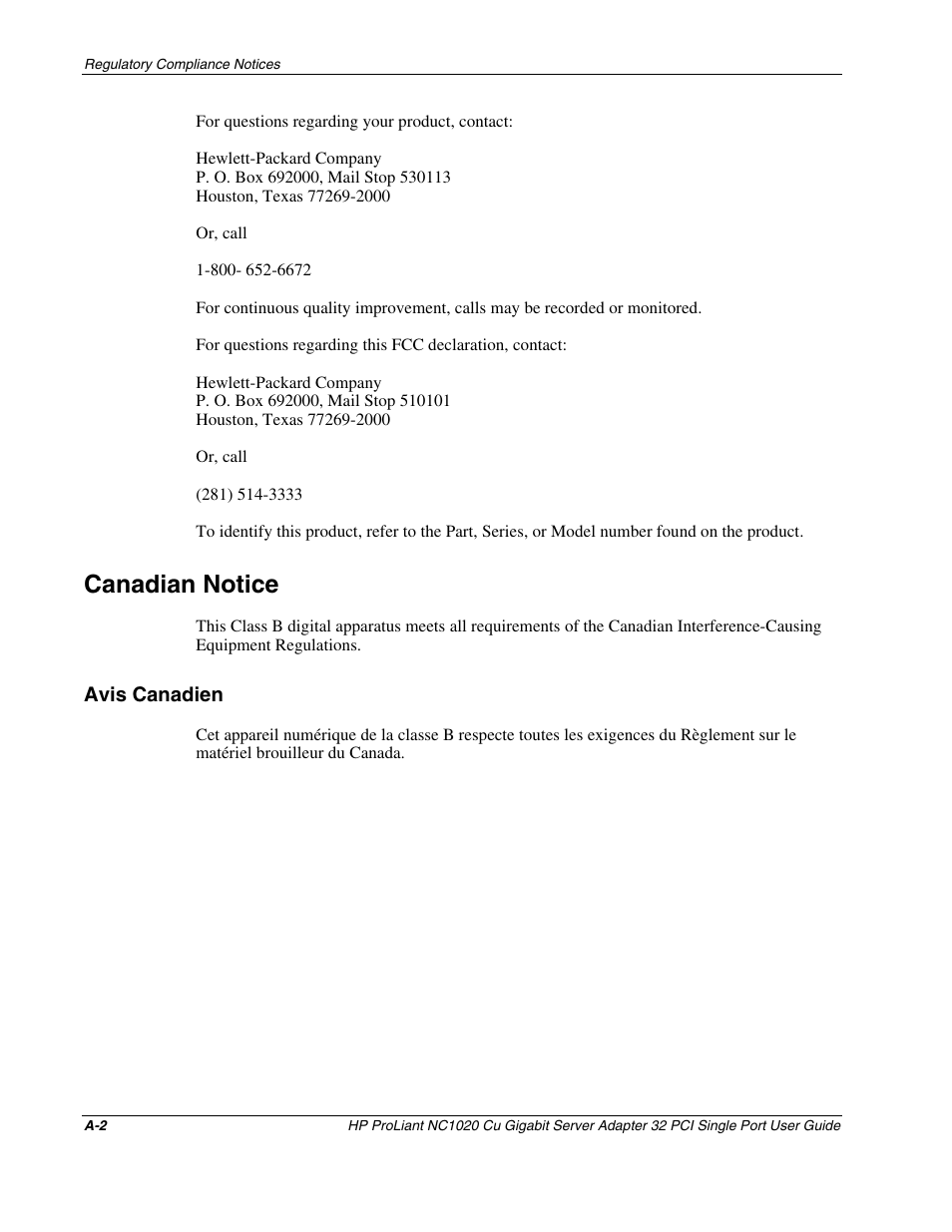 Canadian notice, Avis canadien | HP NC1020 Gigabit Server Adapter User Manual | Page 12 / 20