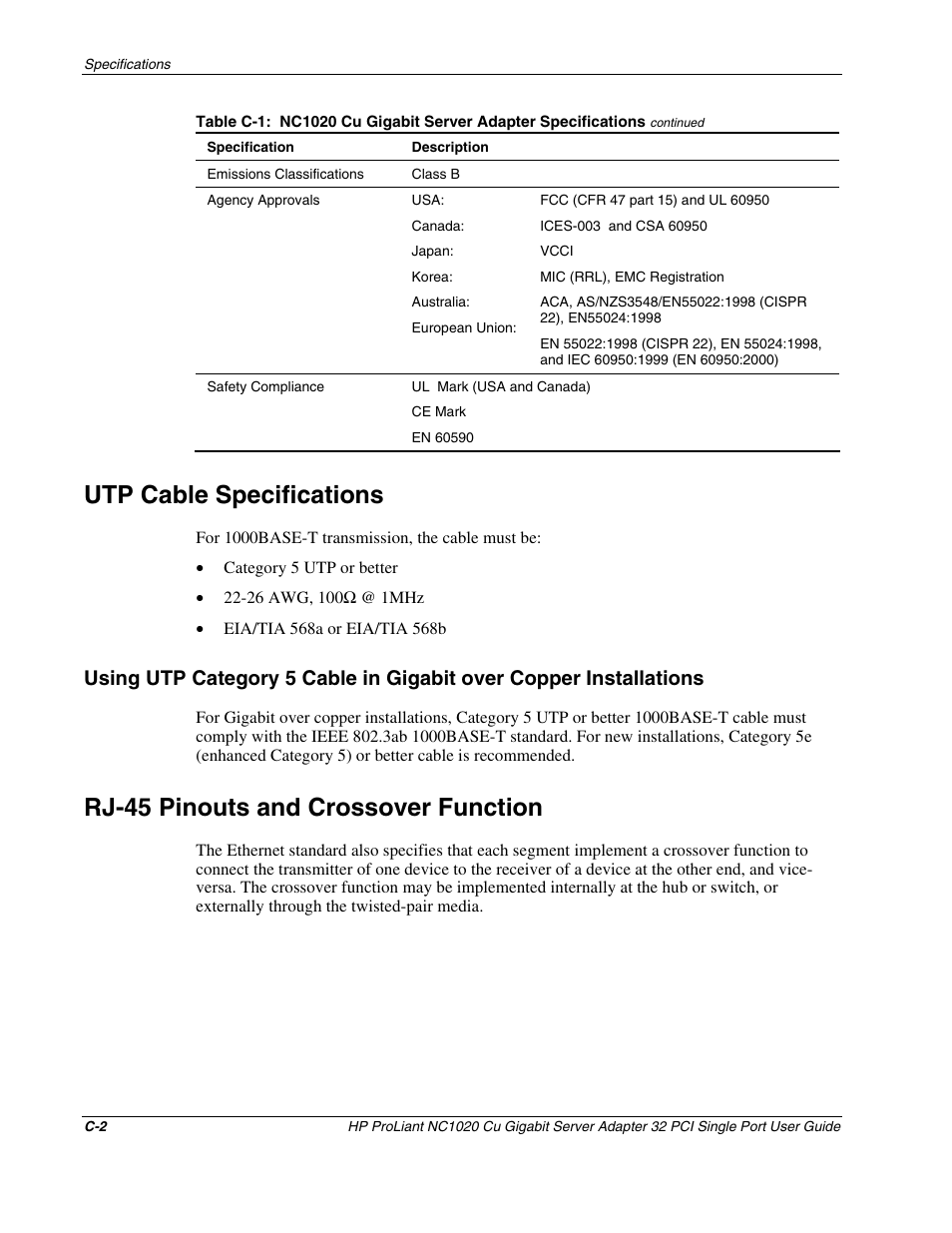 Utp cable specifications, Rj-45 pinouts and crossover function | HP NC1020 Gigabit Server Adapter User Manual | Page 16 / 20