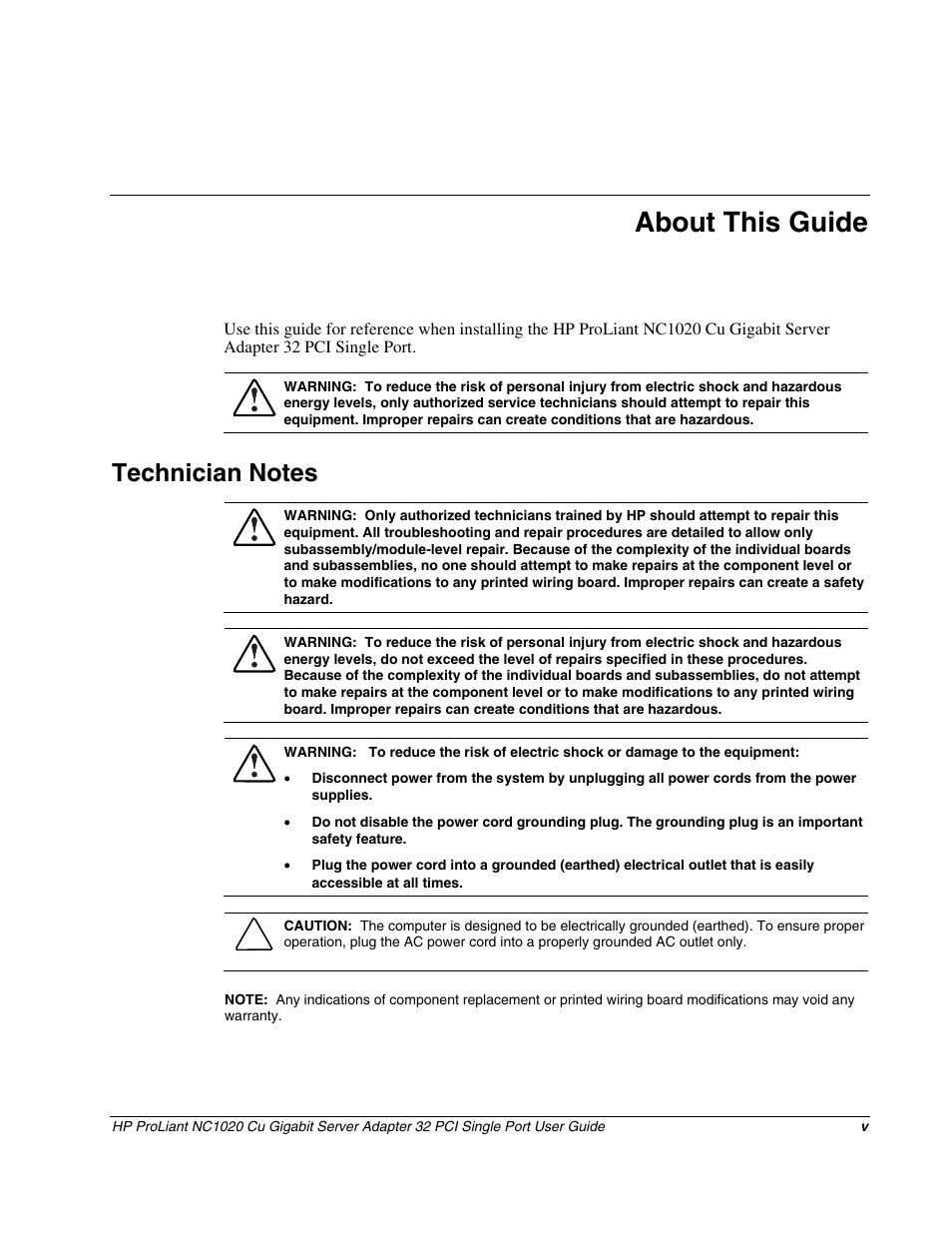 About this guide, Technician notes | HP NC1020 Gigabit Server Adapter User Manual | Page 5 / 20