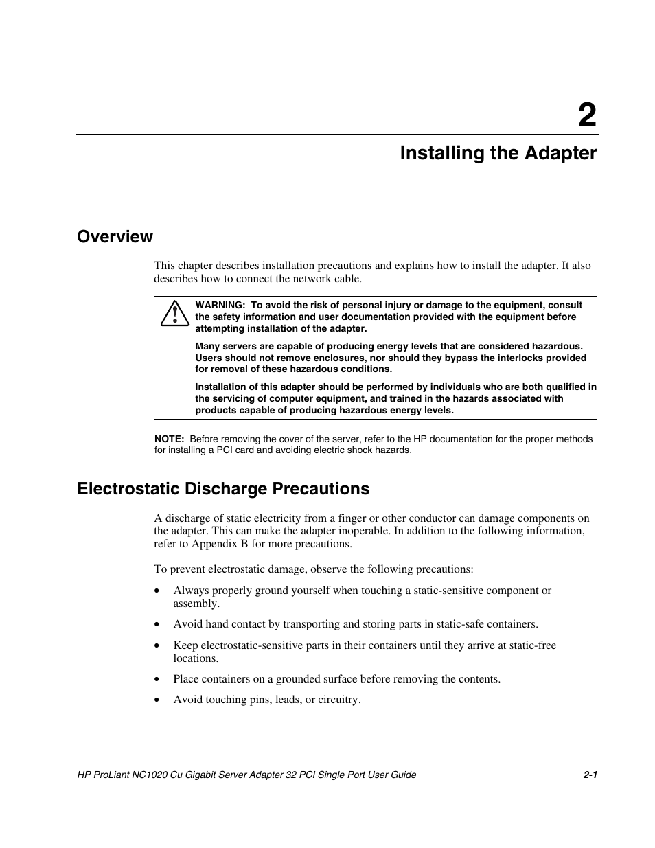 Chapter 2: installing the adapter, Overview, Electrostatic discharge precautions | Chapter 2, Installing the adapter, Overview -1, Electrostatic discharge precautions -1 | HP NC1020 Gigabit Server Adapter User Manual | Page 9 / 20