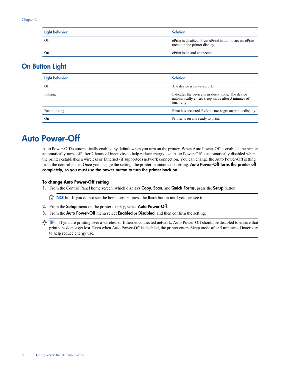 On button light, Auto power-off | HP Deskjet 3050A User Manual | Page 10 / 58