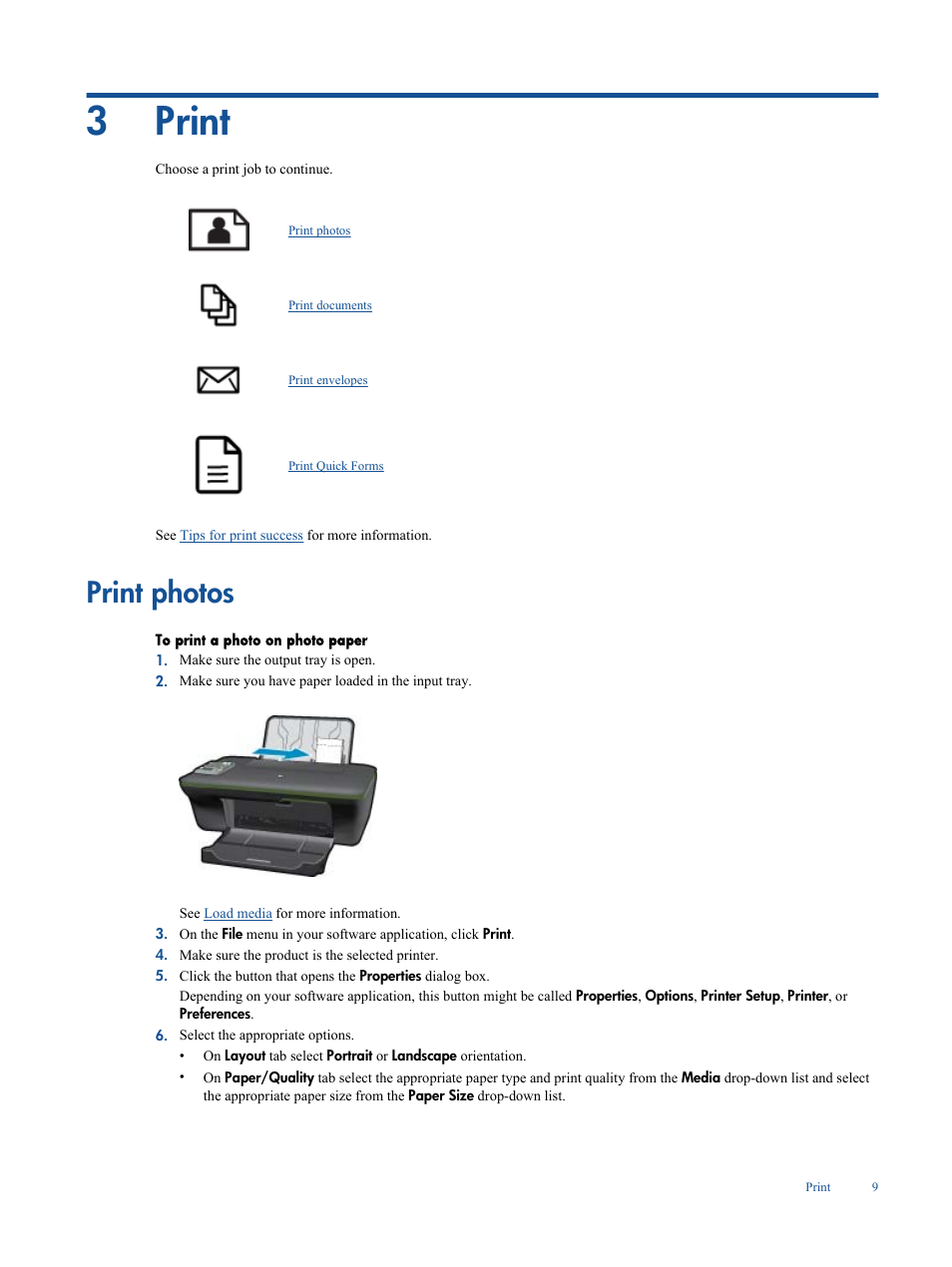 Print, Print photos, 3 print | 3print | HP Deskjet 3050A User Manual | Page 11 / 58