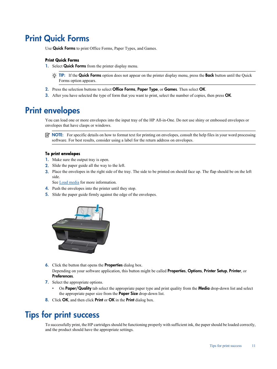 Print quick forms, Print envelopes, Tips for print success | HP Deskjet 3050A User Manual | Page 13 / 58