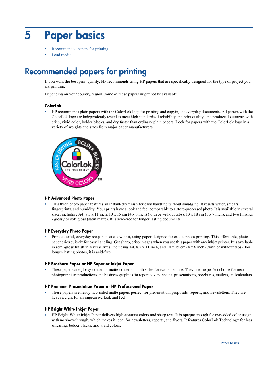 Paper basics, Recommended papers for printing, 5 paper basics | 5paper basics | HP Deskjet 3050A User Manual | Page 19 / 58
