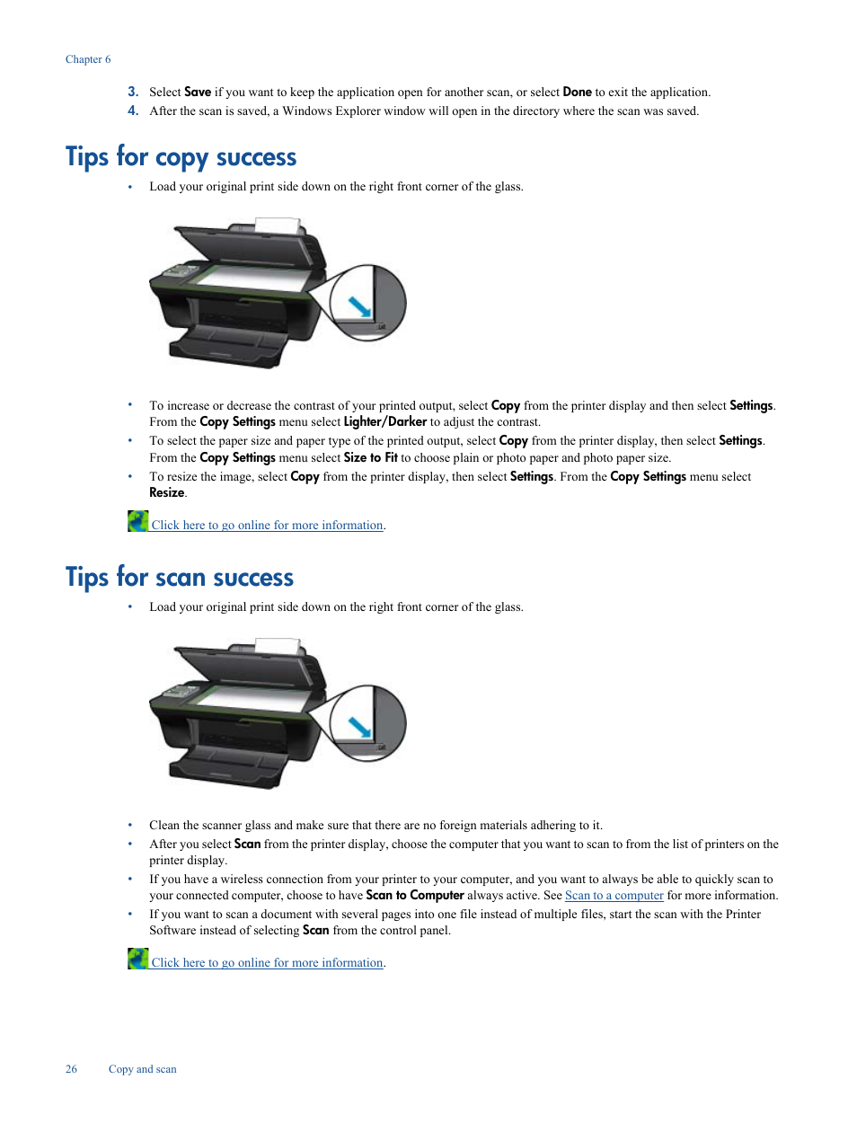 Tips for copy success, Tips for scan success, Tips for copy success tips for scan success | HP Deskjet 3050A User Manual | Page 28 / 58