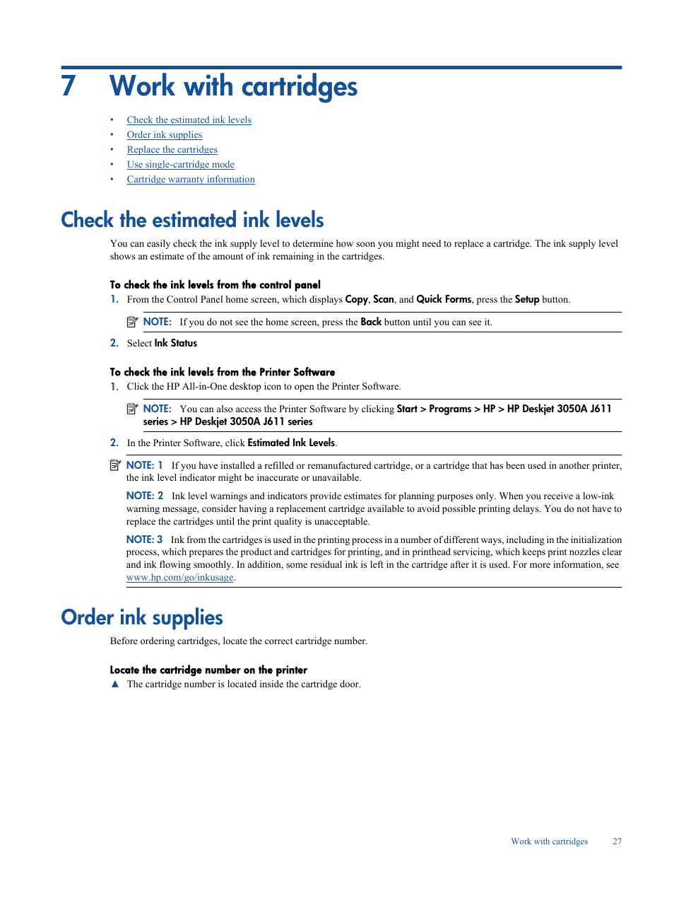 Work with cartridges, Check the estimated ink levels, Order ink supplies | 7 work with cartridges, Check the estimated ink levels order ink supplies, 7work with cartridges | HP Deskjet 3050A User Manual | Page 29 / 58