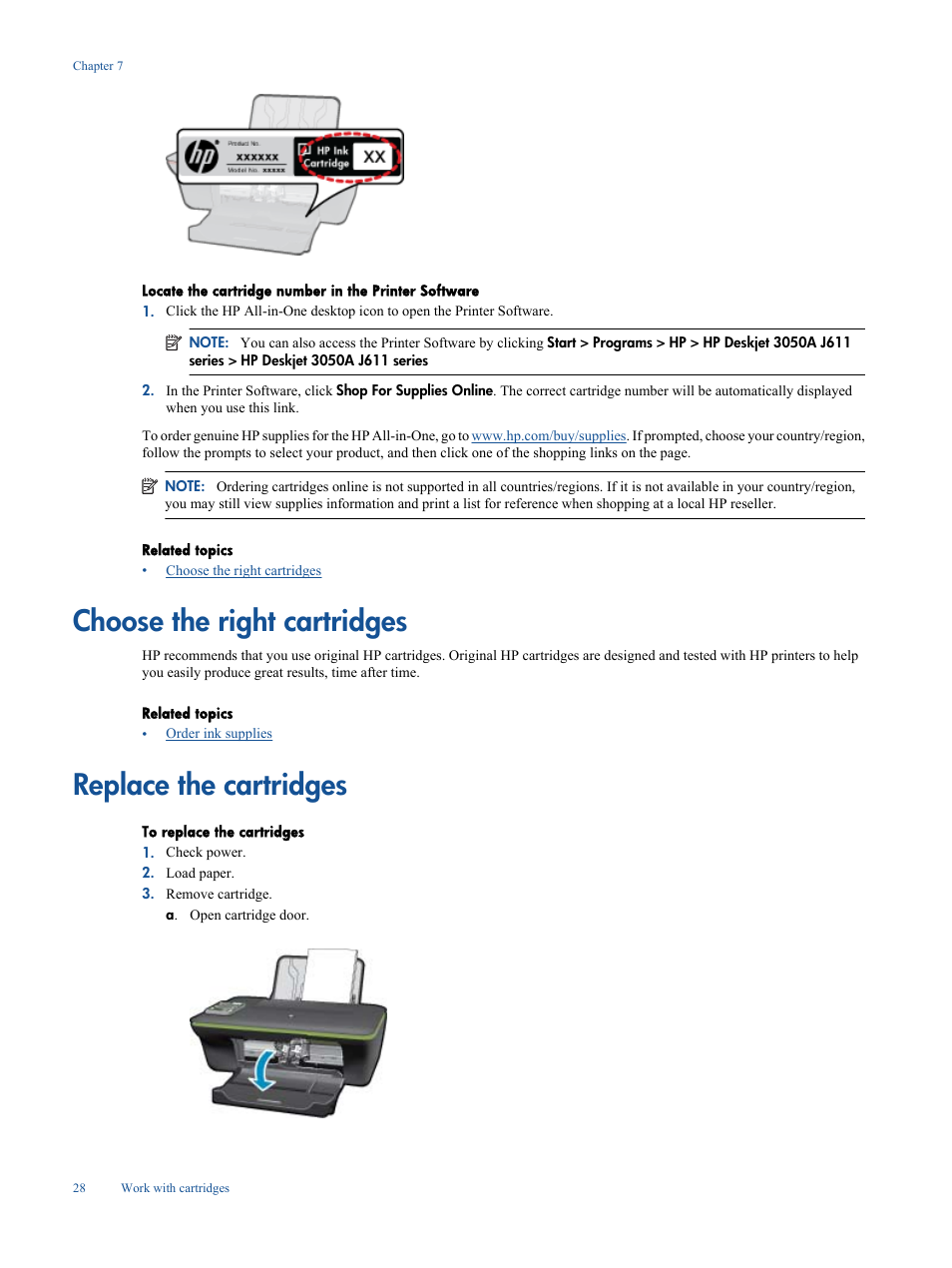 Replace the cartridges, Choose the right cartridges | HP Deskjet 3050A User Manual | Page 30 / 58