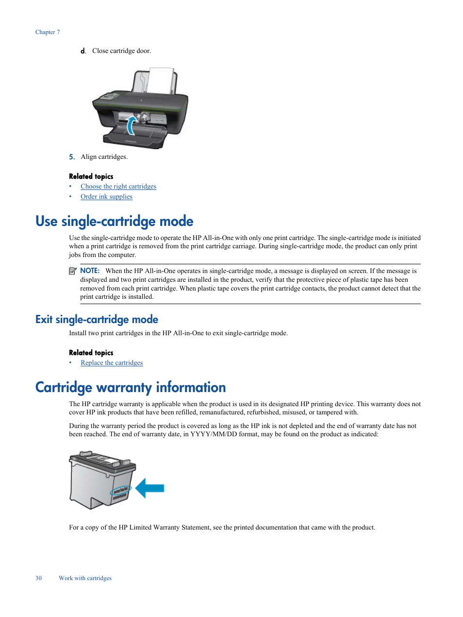 Use single-cartridge mode, Exit single-cartridge mode, Cartridge warranty information | HP Deskjet 3050A User Manual | Page 32 / 58