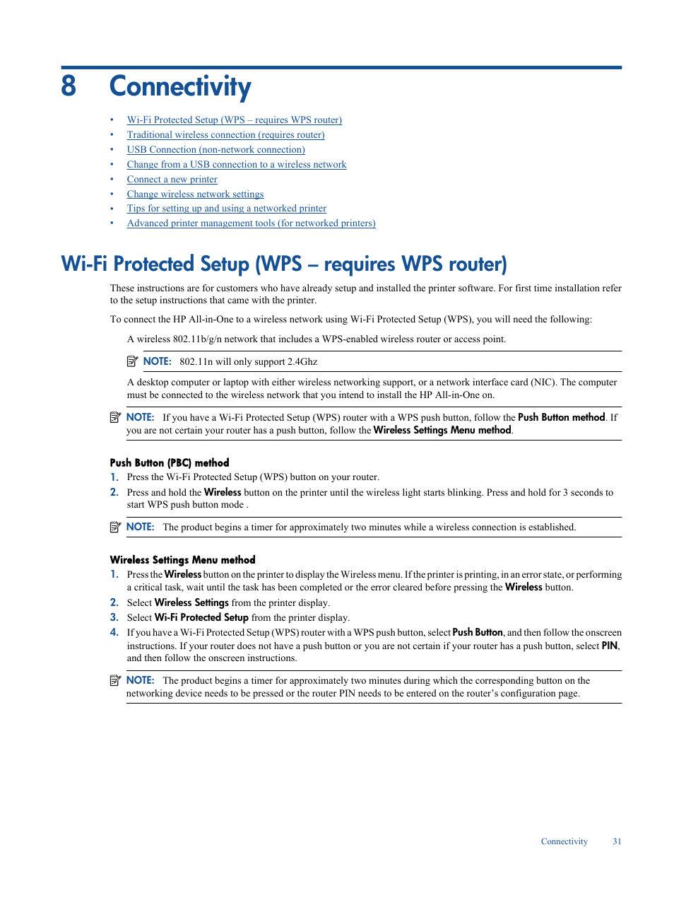 Connectivity, Wi-fi protected setup (wps – requires wps router), 8 connectivity | 8connectivity | HP Deskjet 3050A User Manual | Page 33 / 58