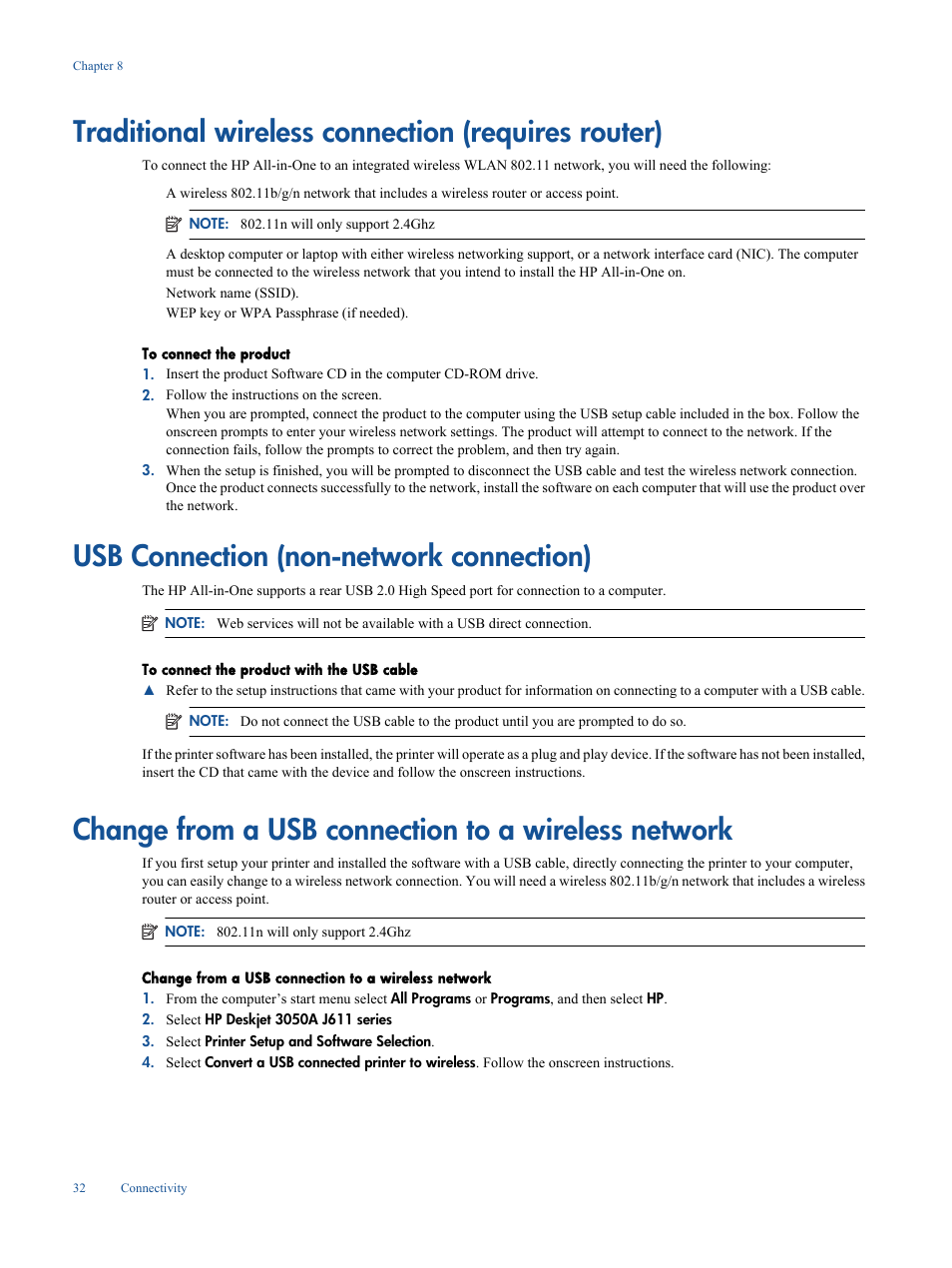 Traditional wireless connection (requires router), Usb connection (non-network connection), Change from a usb connection to a wireless network | HP Deskjet 3050A User Manual | Page 34 / 58