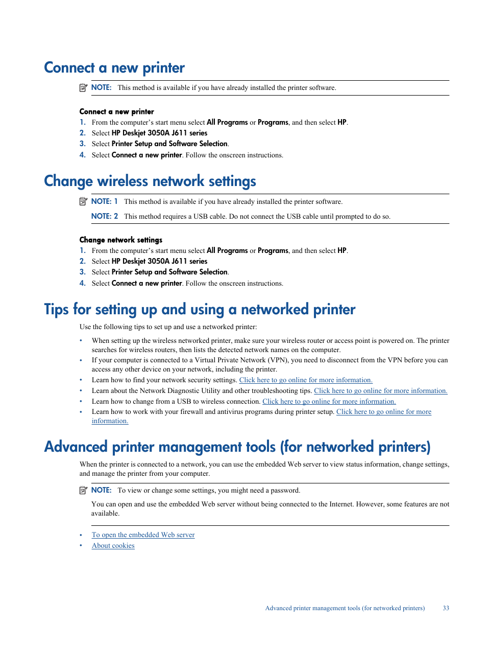 Connect a new printer, Change wireless network settings, Tips for setting up and using a networked printer | HP Deskjet 3050A User Manual | Page 35 / 58