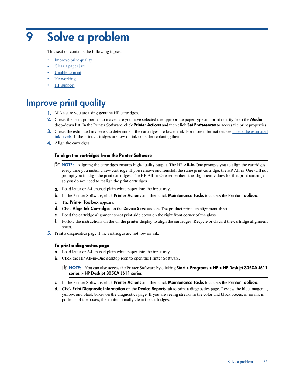 Solve a problem, Improve print quality, 9 solve a problem | 9solve a problem | HP Deskjet 3050A User Manual | Page 37 / 58