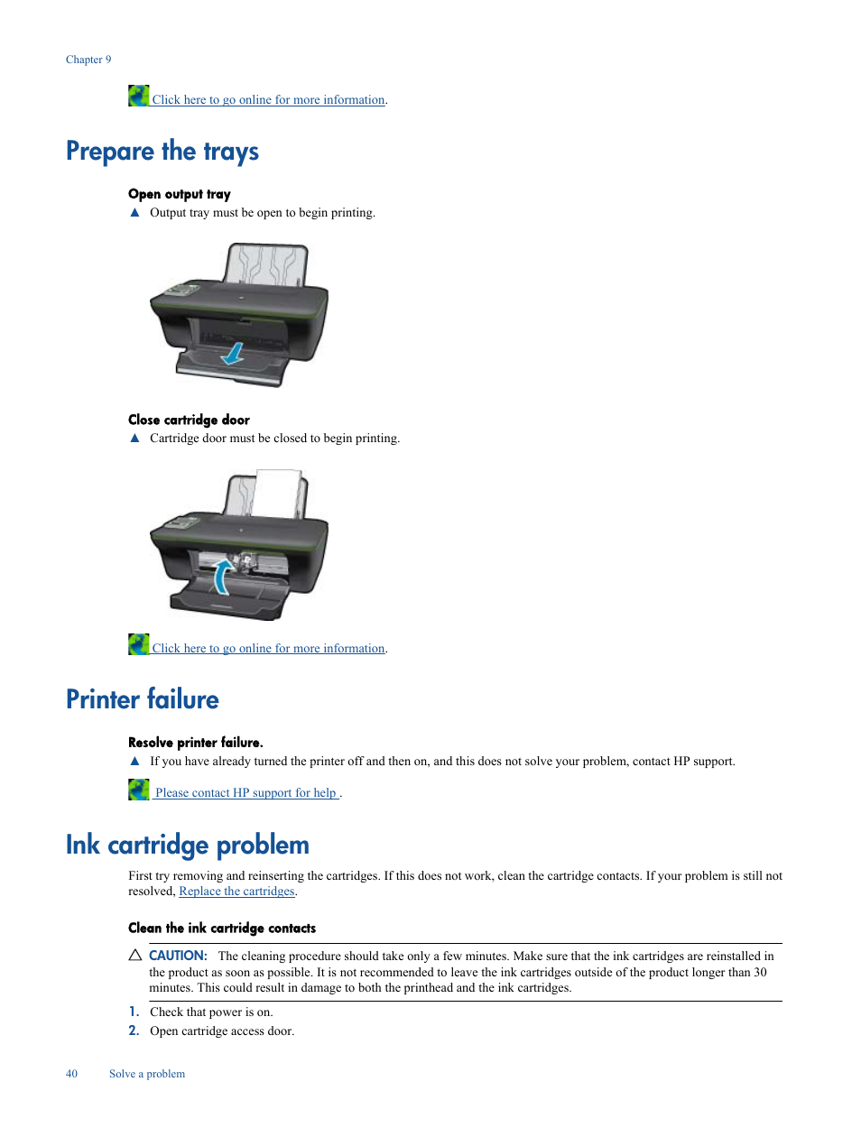 Prepare the trays, Printer failure, Ink cartridge problem | HP Deskjet 3050A User Manual | Page 42 / 58