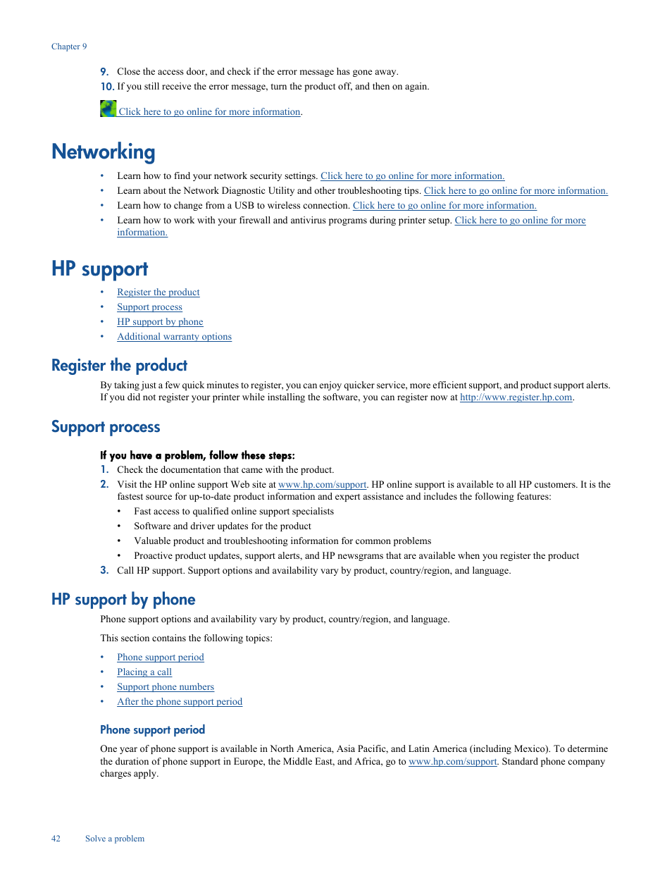 Networking, Hp support, Register the product | Support process, Hp support by phone, Phone support period, Networking hp support | HP Deskjet 3050A User Manual | Page 44 / 58