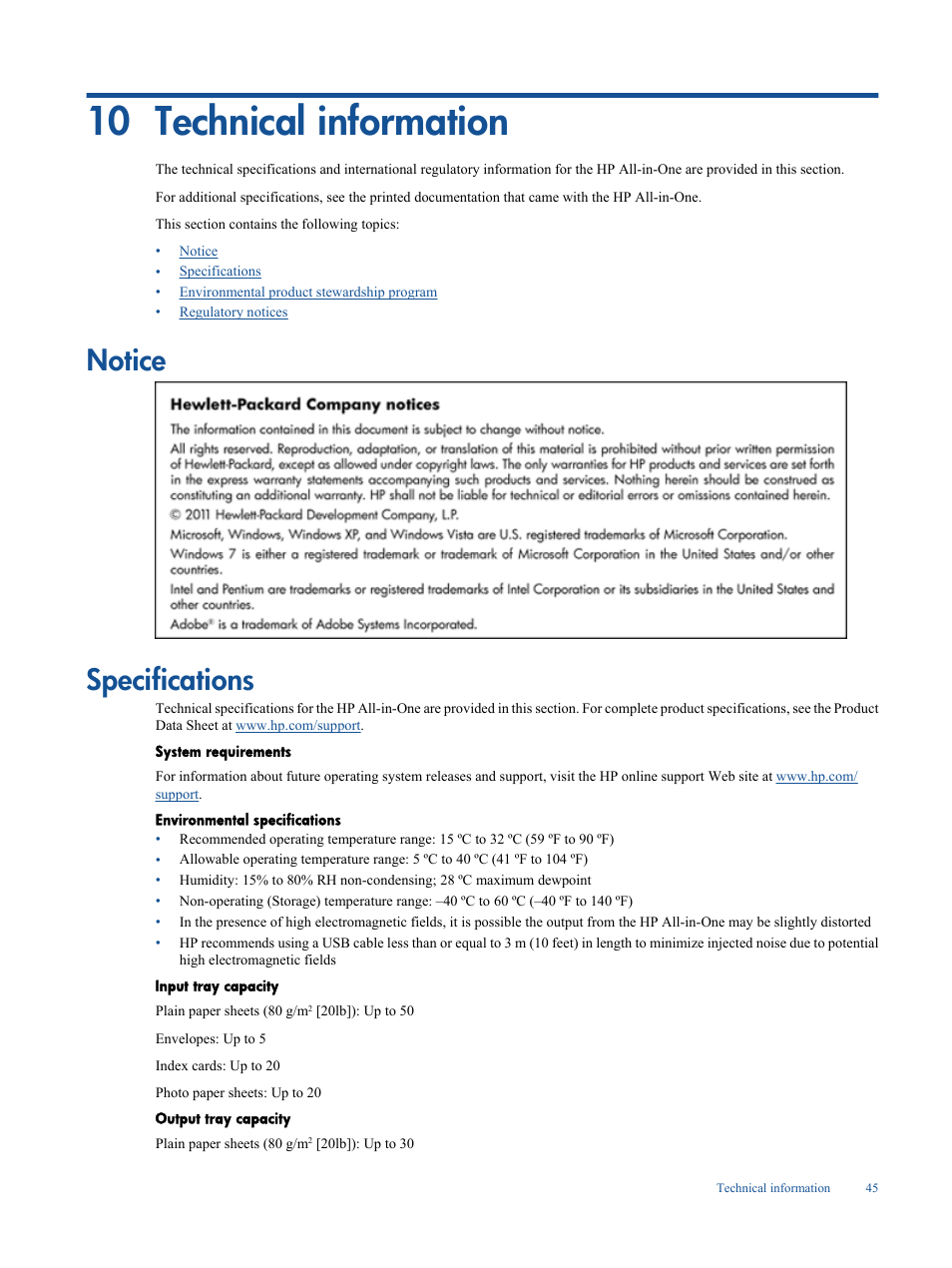 Technical information, Notice, Specifications | 10 technical information, Notice specifications | HP Deskjet 3050A User Manual | Page 47 / 58