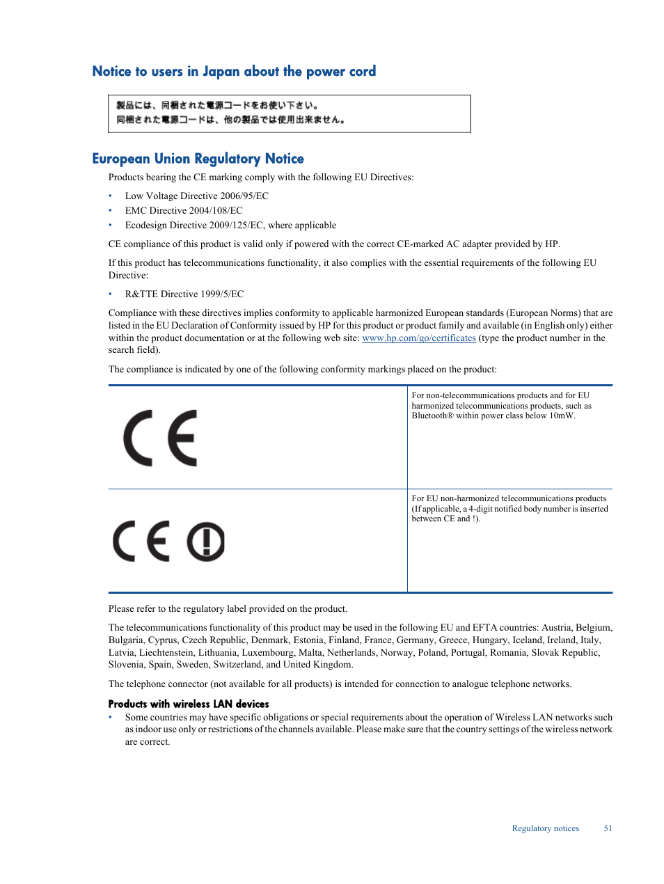 Notice to users in japan about the power cord, European union regulatory notice | HP Deskjet 3050A User Manual | Page 53 / 58