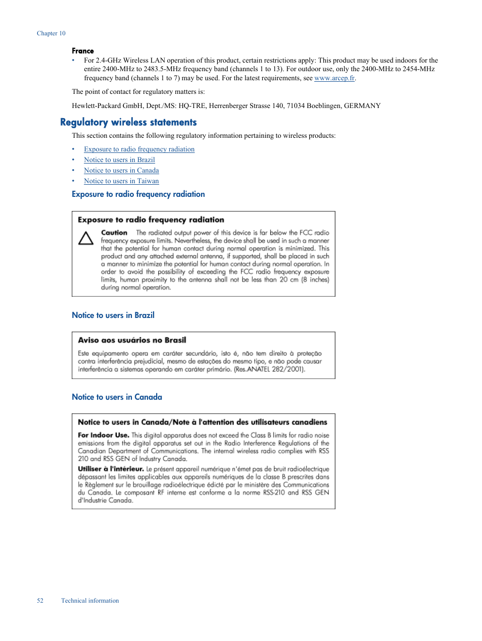 Regulatory wireless statements, Exposure to radio frequency radiation, Notice to users in brazil | Notice to users in canada | HP Deskjet 3050A User Manual | Page 54 / 58