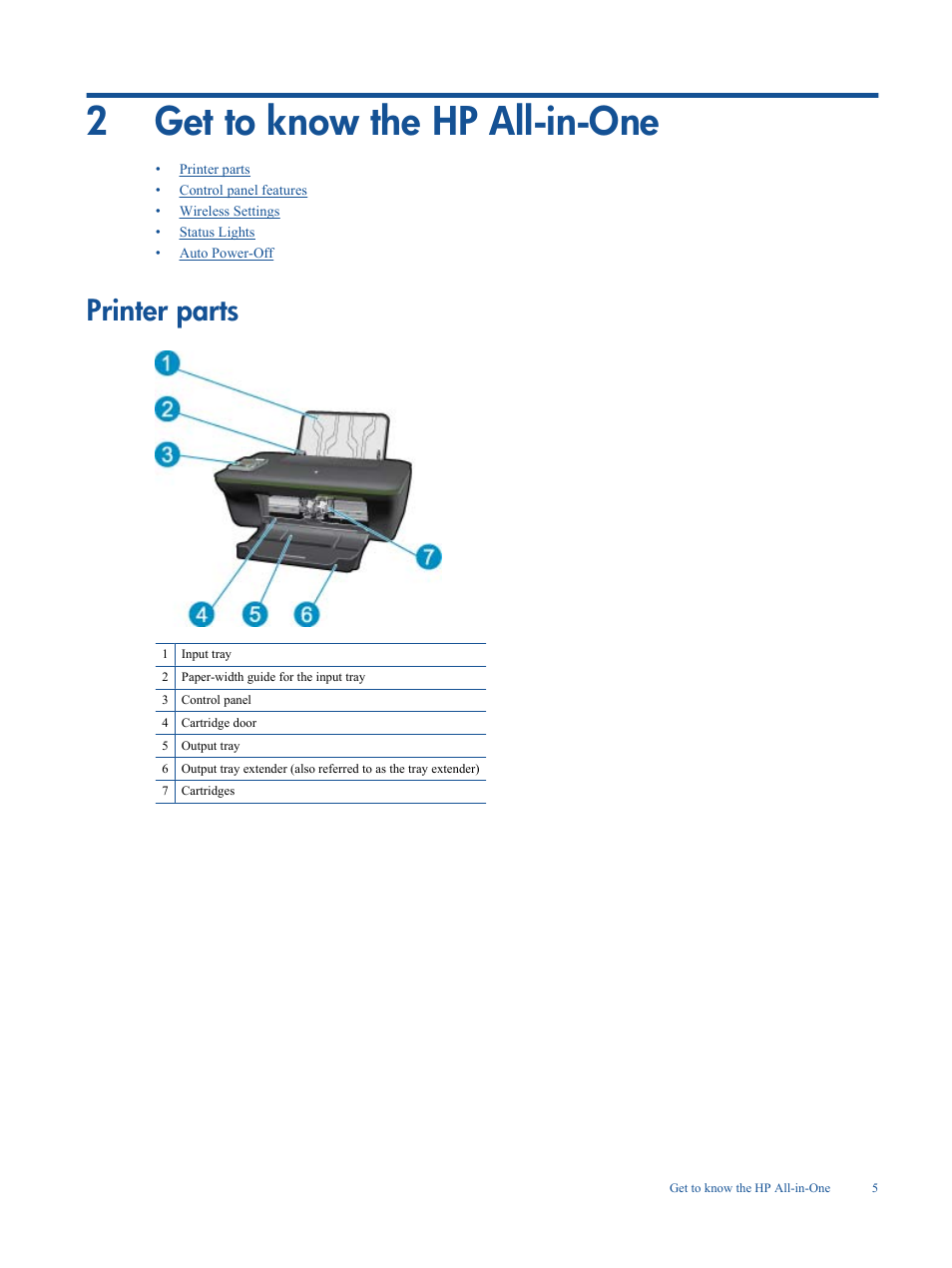 Get to know the hp all-in-one, Printer parts, 2 get to know the hp all-in-one | 2get to know the hp all-in-one | HP Deskjet 3050A User Manual | Page 7 / 58