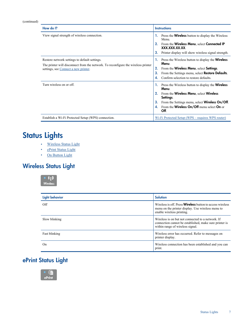 Status lights, Wireless status light, Eprint status light | HP Deskjet 3050A User Manual | Page 9 / 58