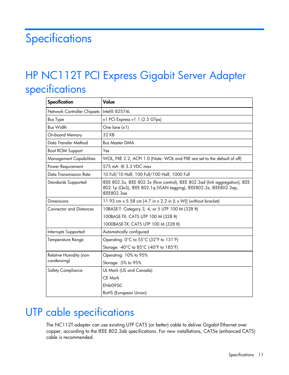 Specifications, Utp cable specifications | HP NC112T PCI Express Gigabit Server Adapter User Manual | Page 11 / 18