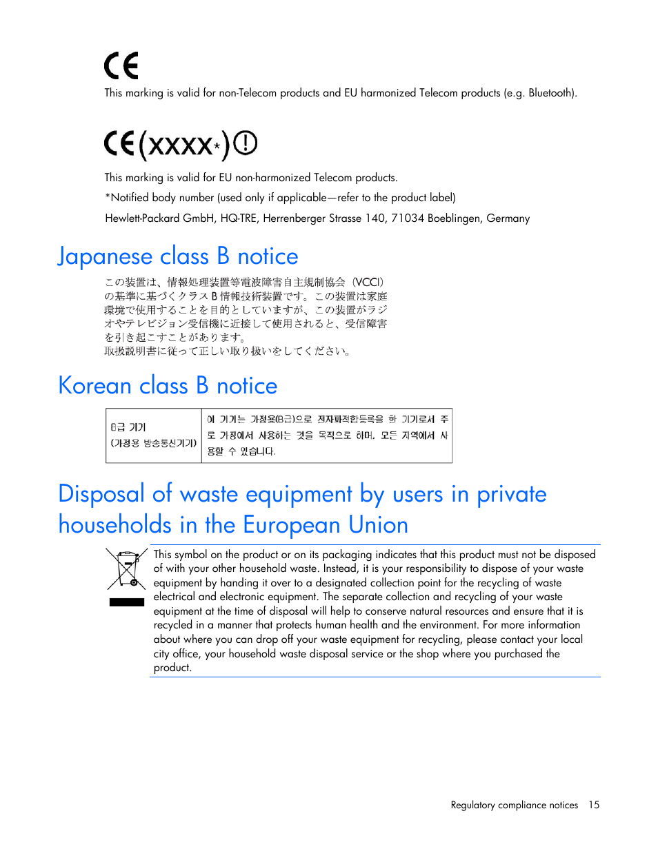 Japanese class b notice, Korean class b notice | HP NC112T PCI Express Gigabit Server Adapter User Manual | Page 15 / 18