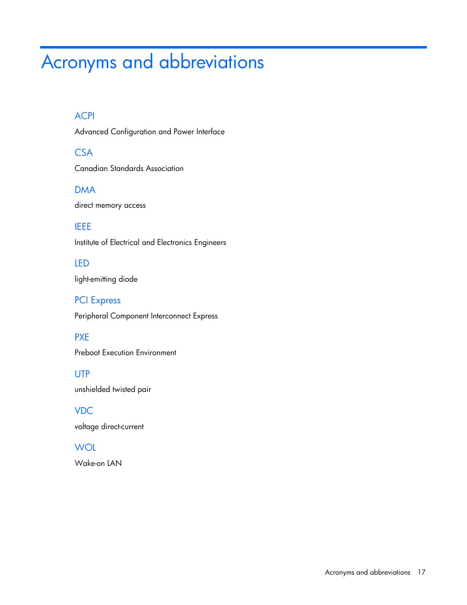 Acronyms and abbreviations | HP NC112T PCI Express Gigabit Server Adapter User Manual | Page 17 / 18