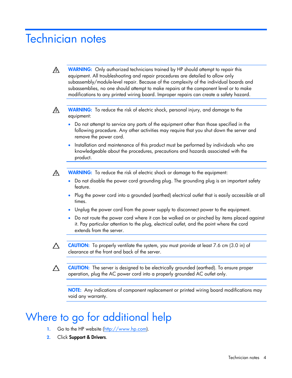 Technician notes, Where to go for additional help | HP NC112T PCI Express Gigabit Server Adapter User Manual | Page 4 / 18