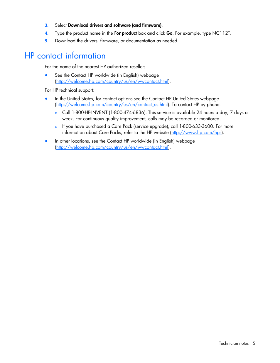 Hp contact information | HP NC112T PCI Express Gigabit Server Adapter User Manual | Page 5 / 18