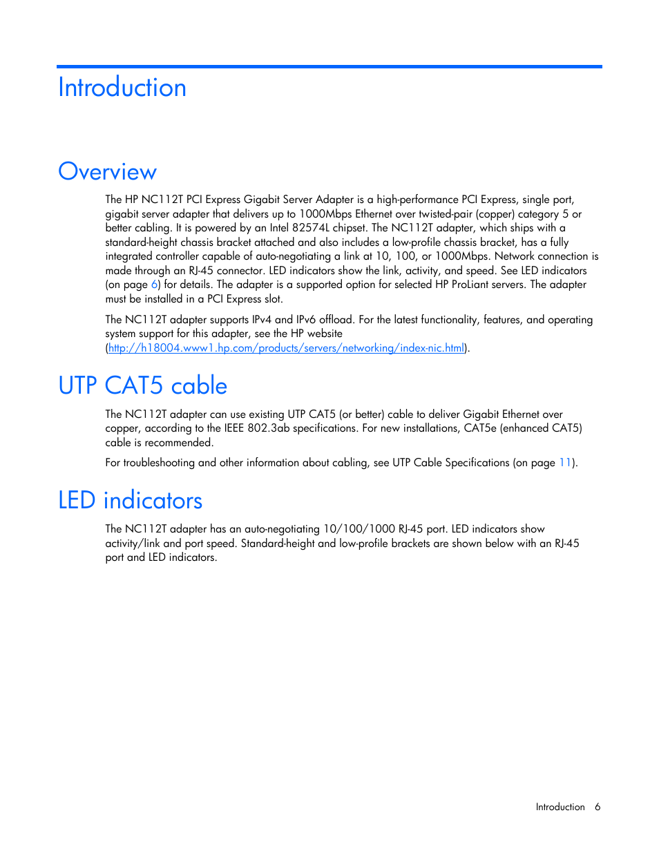 Introduction, Overview, Utp cat5 cable | Led indicators | HP NC112T PCI Express Gigabit Server Adapter User Manual | Page 6 / 18