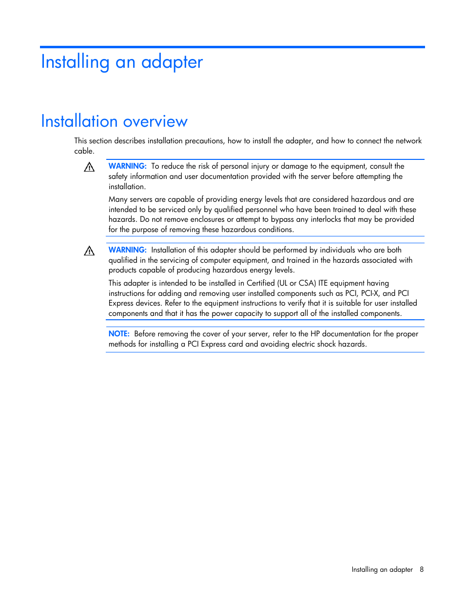 Installing an adapter, Installation overview | HP NC112T PCI Express Gigabit Server Adapter User Manual | Page 8 / 18