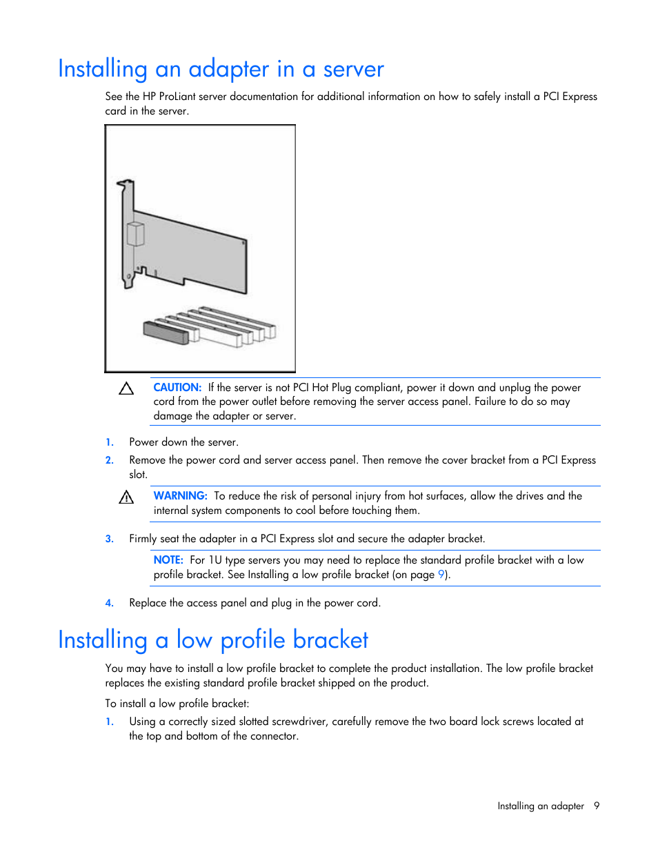 Installing an adapter in a server, Installing a low profile bracket | HP NC112T PCI Express Gigabit Server Adapter User Manual | Page 9 / 18