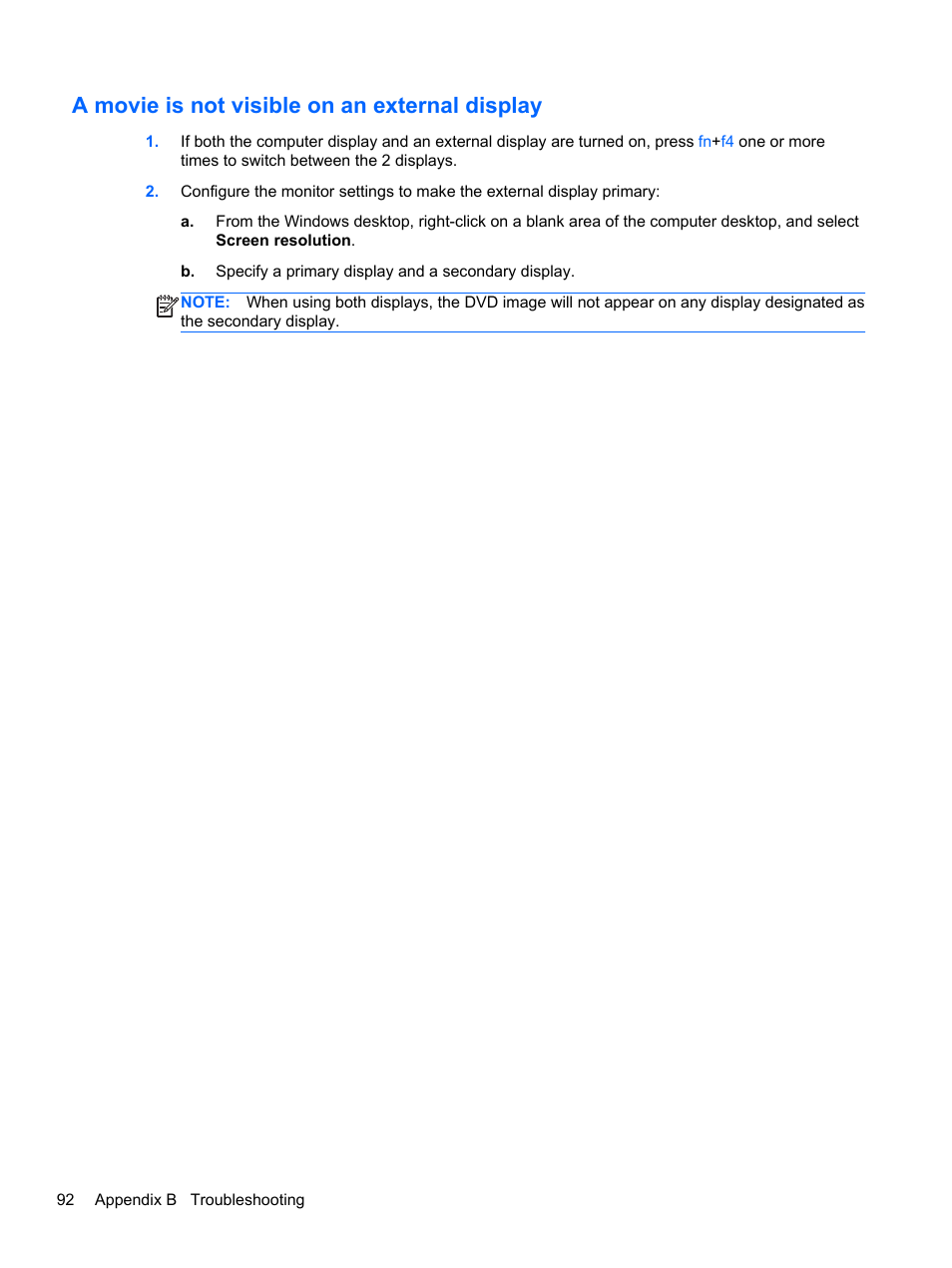 A movie is not visible on an external display | HP ProBook 655 G1 Notebook PC User Manual | Page 102 / 106