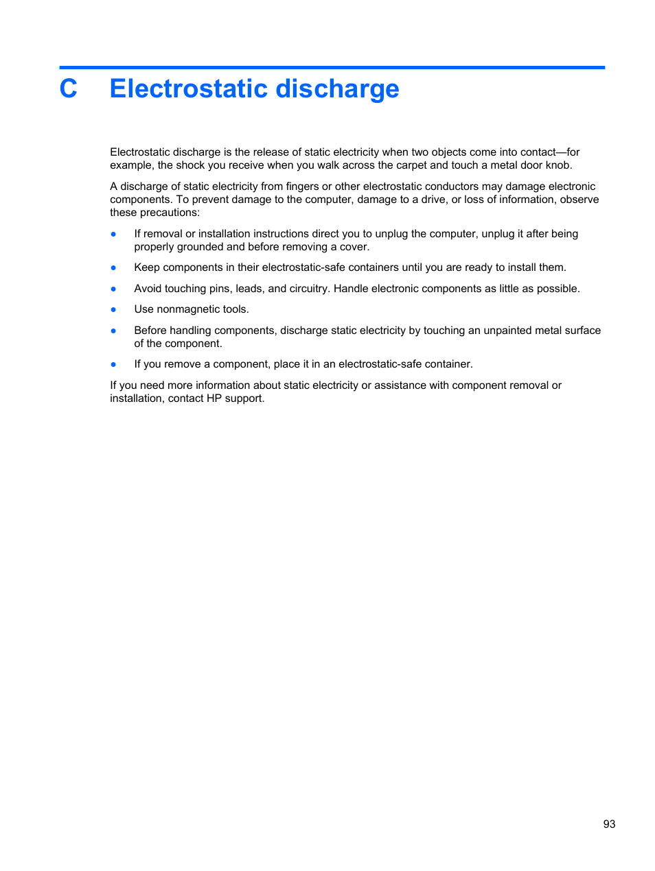 Electrostatic discharge, Appendix c electrostatic discharge, Celectrostatic discharge | HP ProBook 655 G1 Notebook PC User Manual | Page 103 / 106