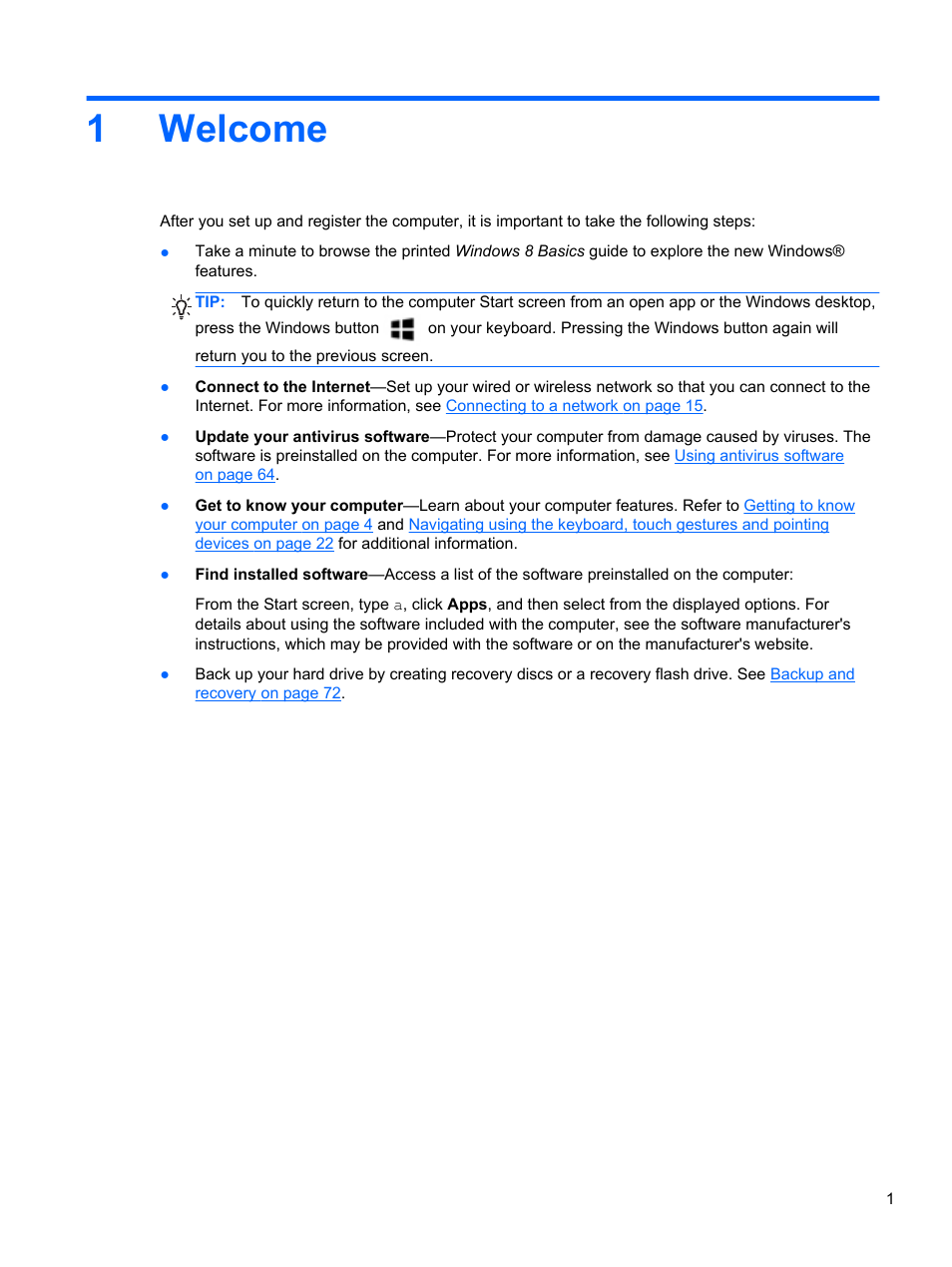 Welcome, 1 welcome, 1welcome | HP ProBook 655 G1 Notebook PC User Manual | Page 11 / 106