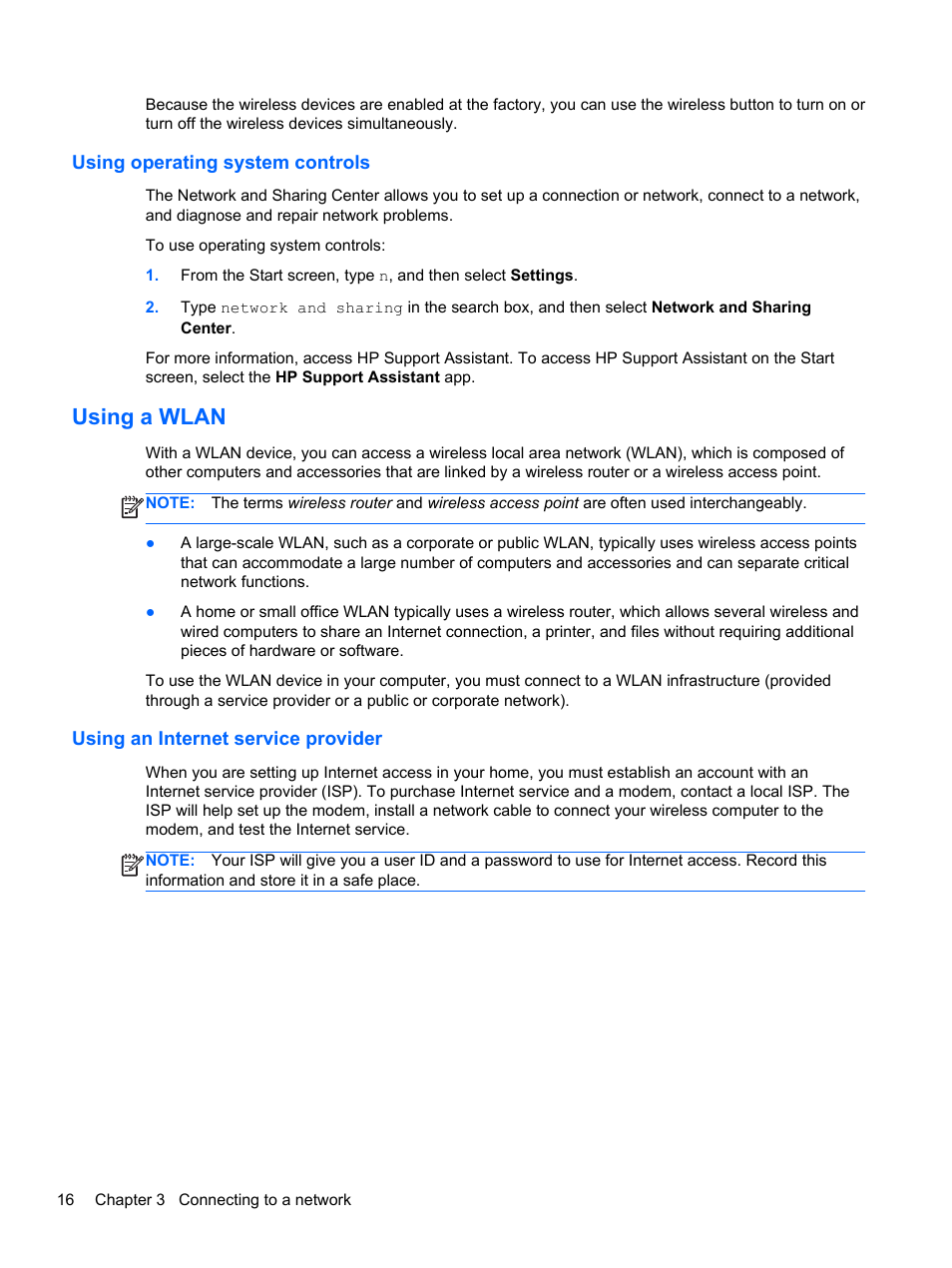 Using operating system controls, Using a wlan, Using an internet service provider | HP ProBook 655 G1 Notebook PC User Manual | Page 26 / 106