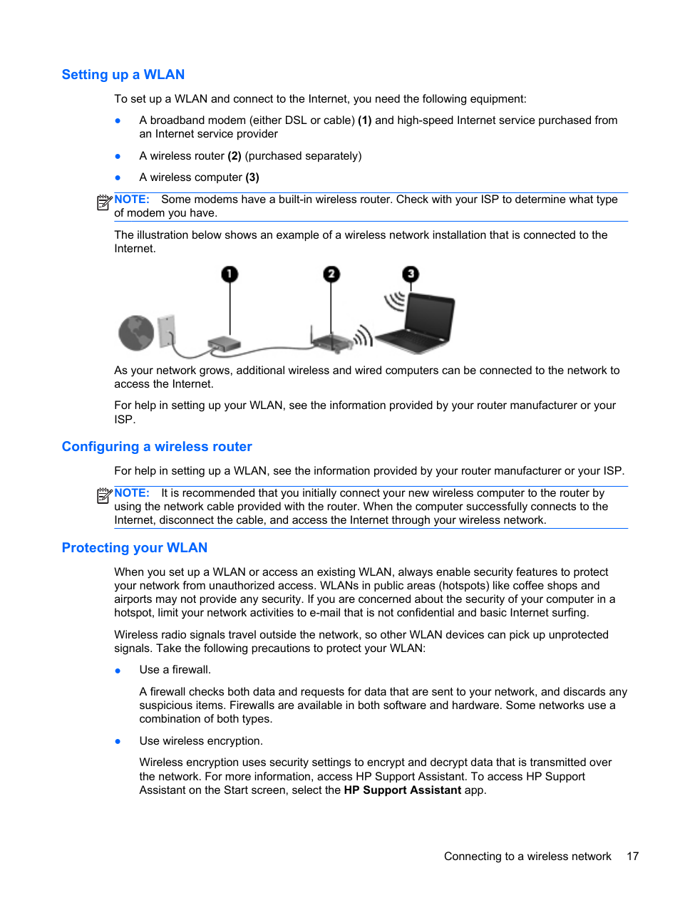 Setting up a wlan, Configuring a wireless router, Protecting your wlan | HP ProBook 655 G1 Notebook PC User Manual | Page 27 / 106
