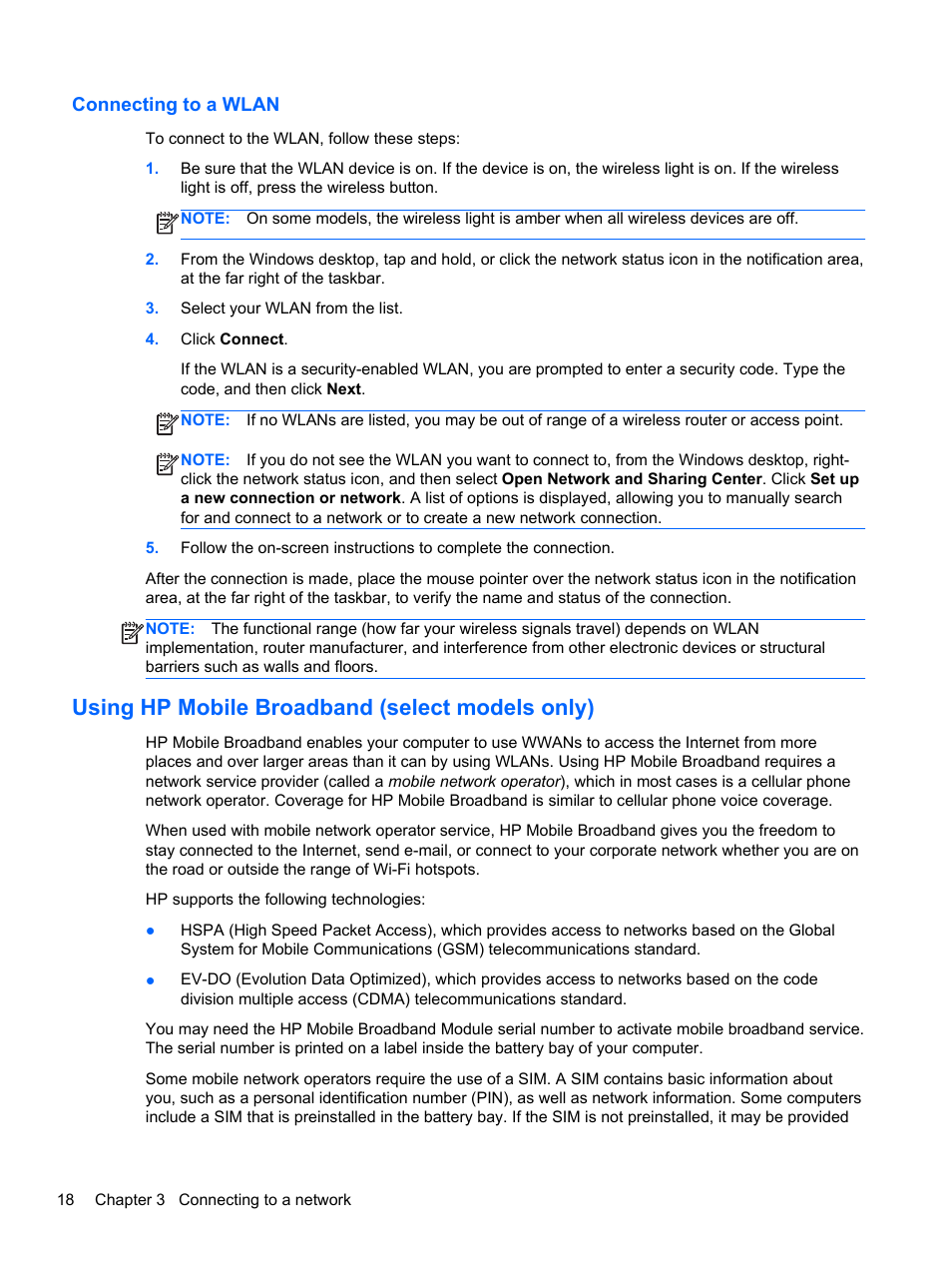 Connecting to a wlan, Using hp mobile broadband (select models only) | HP ProBook 655 G1 Notebook PC User Manual | Page 28 / 106