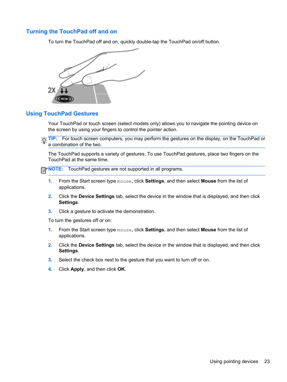 Turning the touchpad off and on, Using touchpad gestures | HP ProBook 655 G1 Notebook PC User Manual | Page 33 / 106