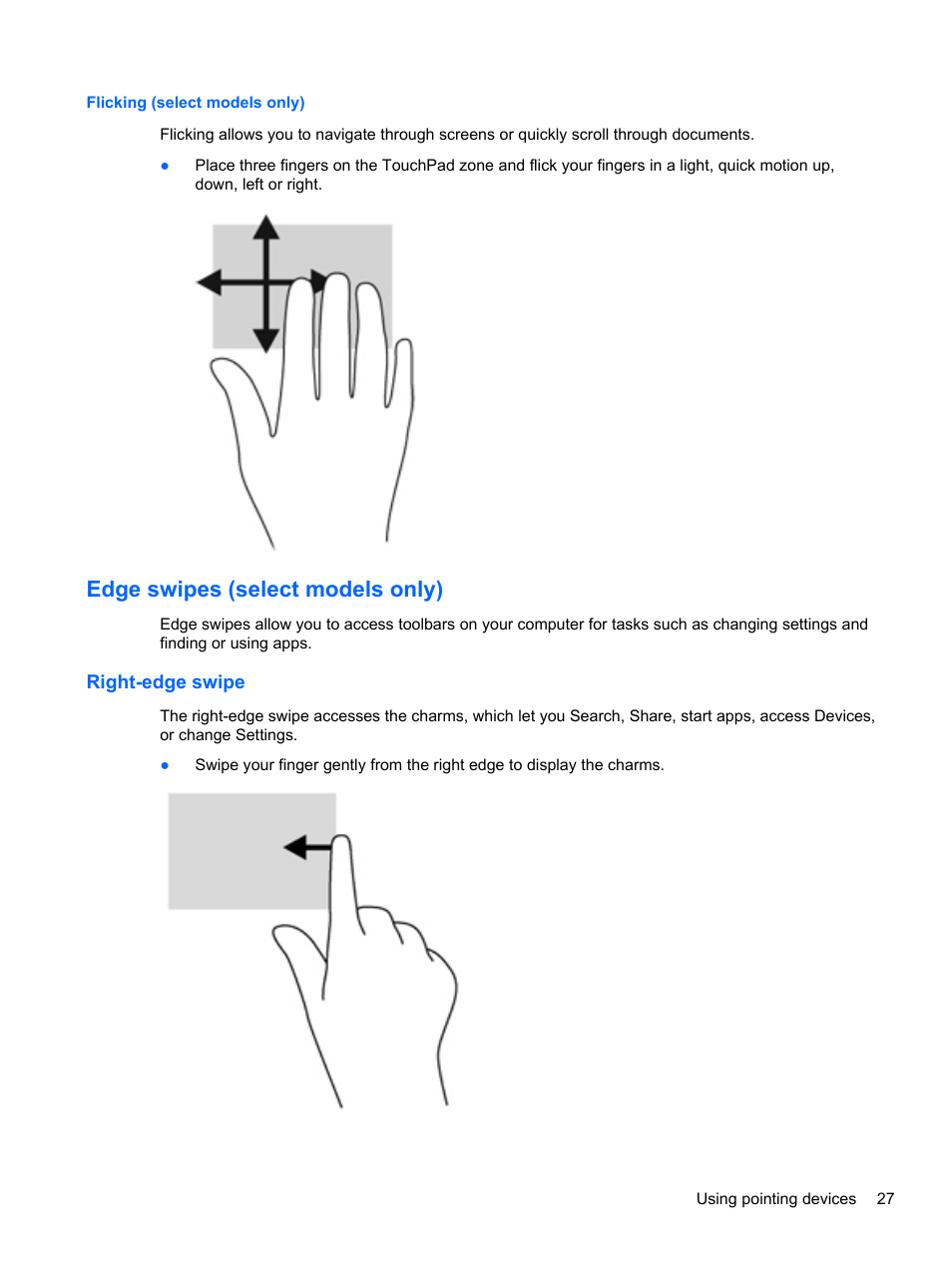 Flicking (select models only), Edge swipes (select models only), Right-edge swipe | HP ProBook 655 G1 Notebook PC User Manual | Page 37 / 106