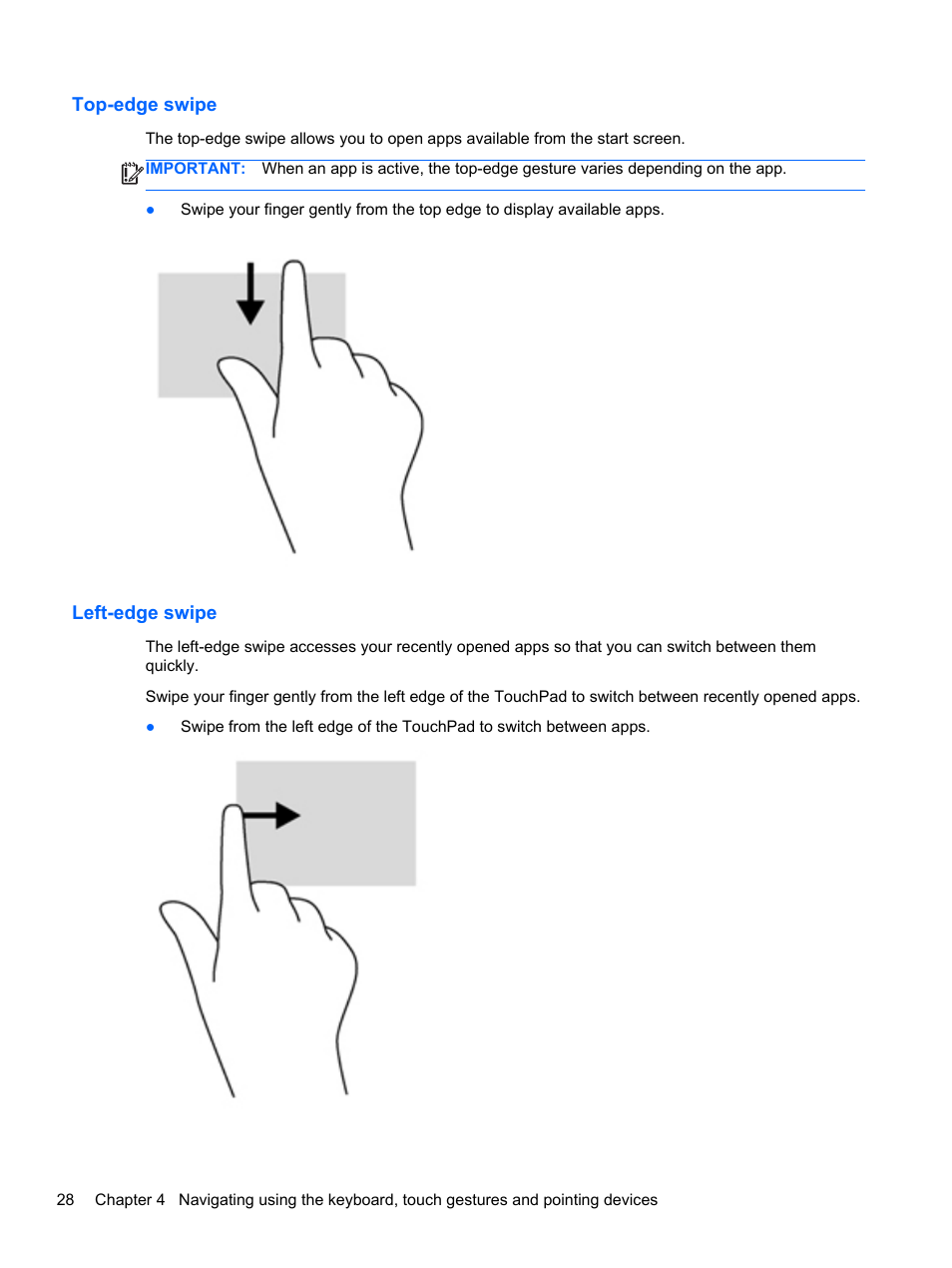 Top-edge swipe, Left-edge swipe, Top-edge swipe left-edge swipe | HP ProBook 655 G1 Notebook PC User Manual | Page 38 / 106