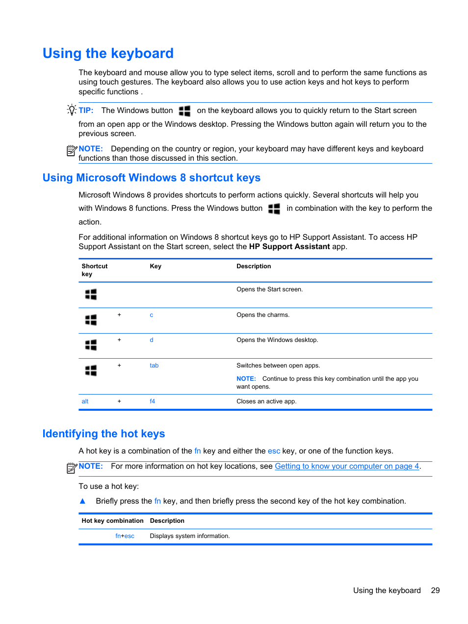 Using the keyboard, Using microsoft windows 8 shortcut keys, Identifying the hot keys | HP ProBook 655 G1 Notebook PC User Manual | Page 39 / 106