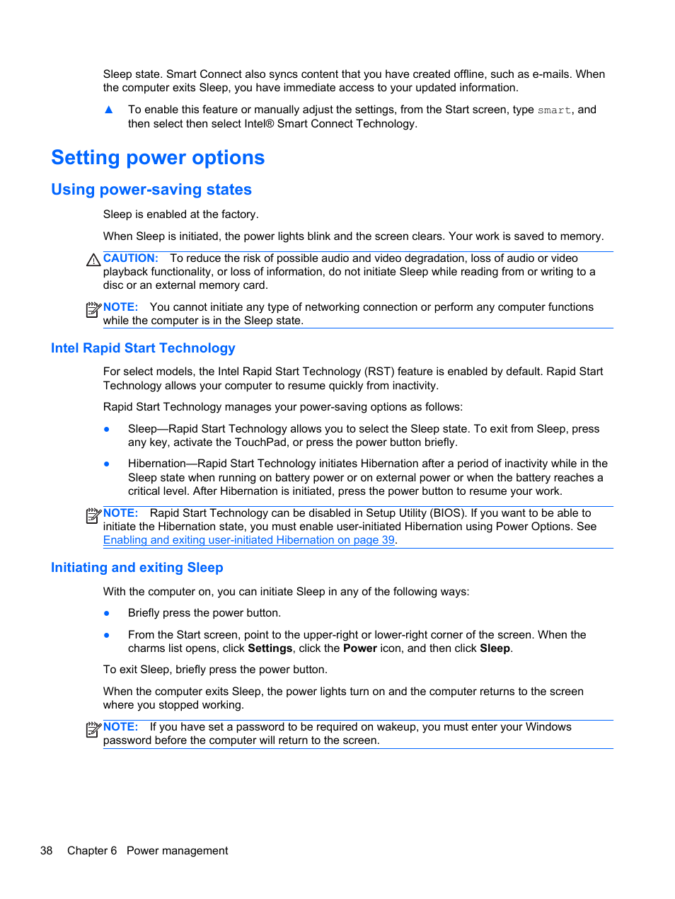 Setting power options, Using power-saving states, Intel rapid start technology | Initiating and exiting sleep | HP ProBook 655 G1 Notebook PC User Manual | Page 48 / 106