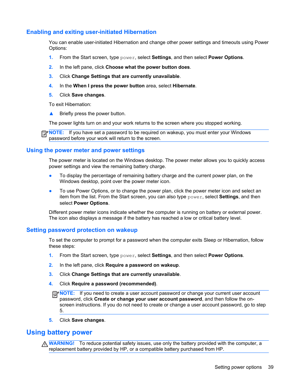 Enabling and exiting user-initiated hibernation, Using the power meter and power settings, Setting password protection on wakeup | Using battery power | HP ProBook 655 G1 Notebook PC User Manual | Page 49 / 106