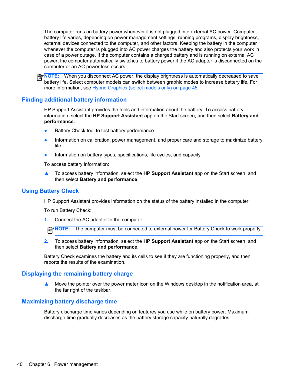 Finding additional battery information, Using battery check, Displaying the remaining battery charge | Maximizing battery discharge time | HP ProBook 655 G1 Notebook PC User Manual | Page 50 / 106