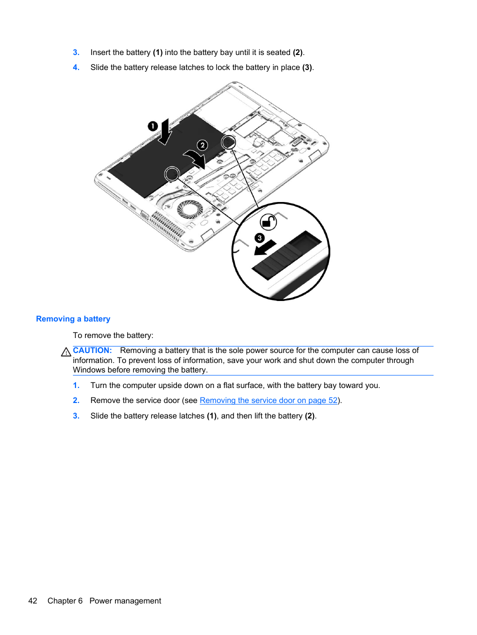 Removing a battery | HP ProBook 655 G1 Notebook PC User Manual | Page 52 / 106