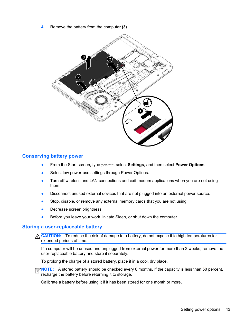 Conserving battery power, Storing a user-replaceable battery | HP ProBook 655 G1 Notebook PC User Manual | Page 53 / 106